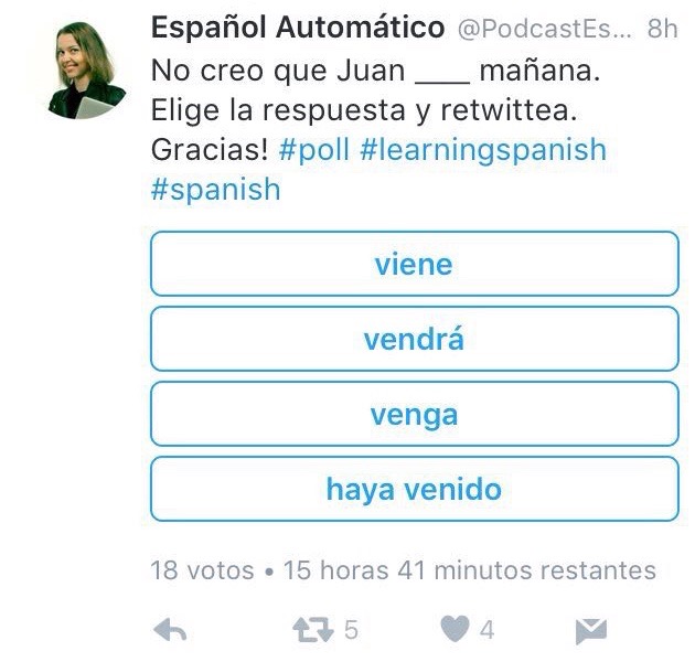 fun and easy way to give you more opportunity to practice Spanish . Everyday I try to come up with a short fill-in-the-blank-sentence for you to complete. So I invite all the listeners to participate (our Twitter is @PodcastEspanol ) #learningspanish #learnspanish