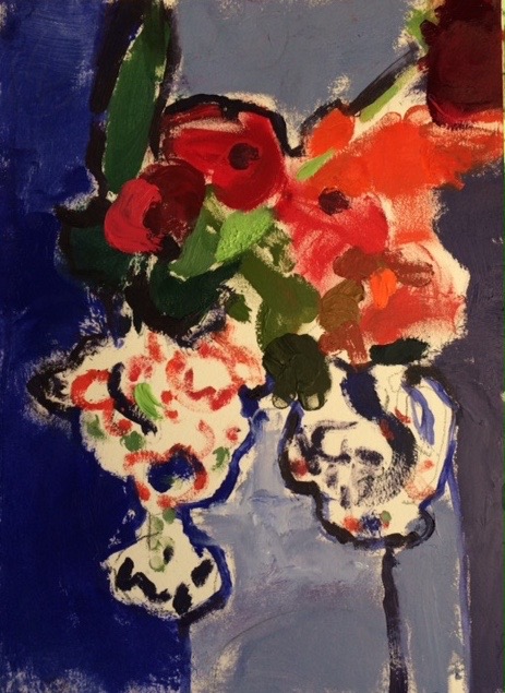 Poppies in lustre vases OIL ON PAPER. 40 x 26 cm