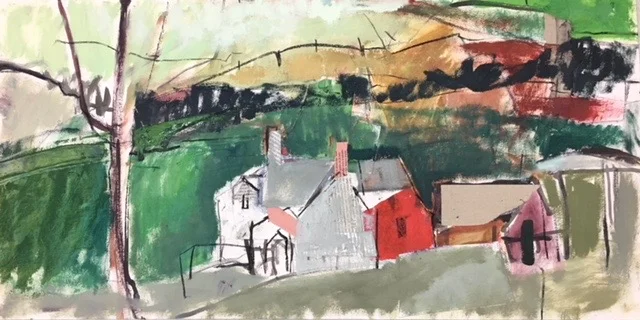 Middle house farm. oil and collage on paper. 38 x 76 cm