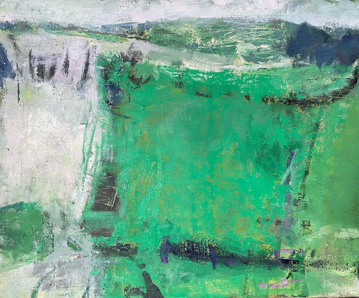 This midsummer landscape, Corndon is in my show Close to Home @longandryle  #summergreens #welshlandscape  #fieldpatterns  #artoncanvas #katecorbettwinderart