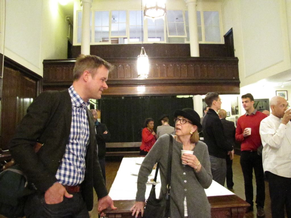 Clark Mitchell and Penny Allen catch up at Coffee Hour.