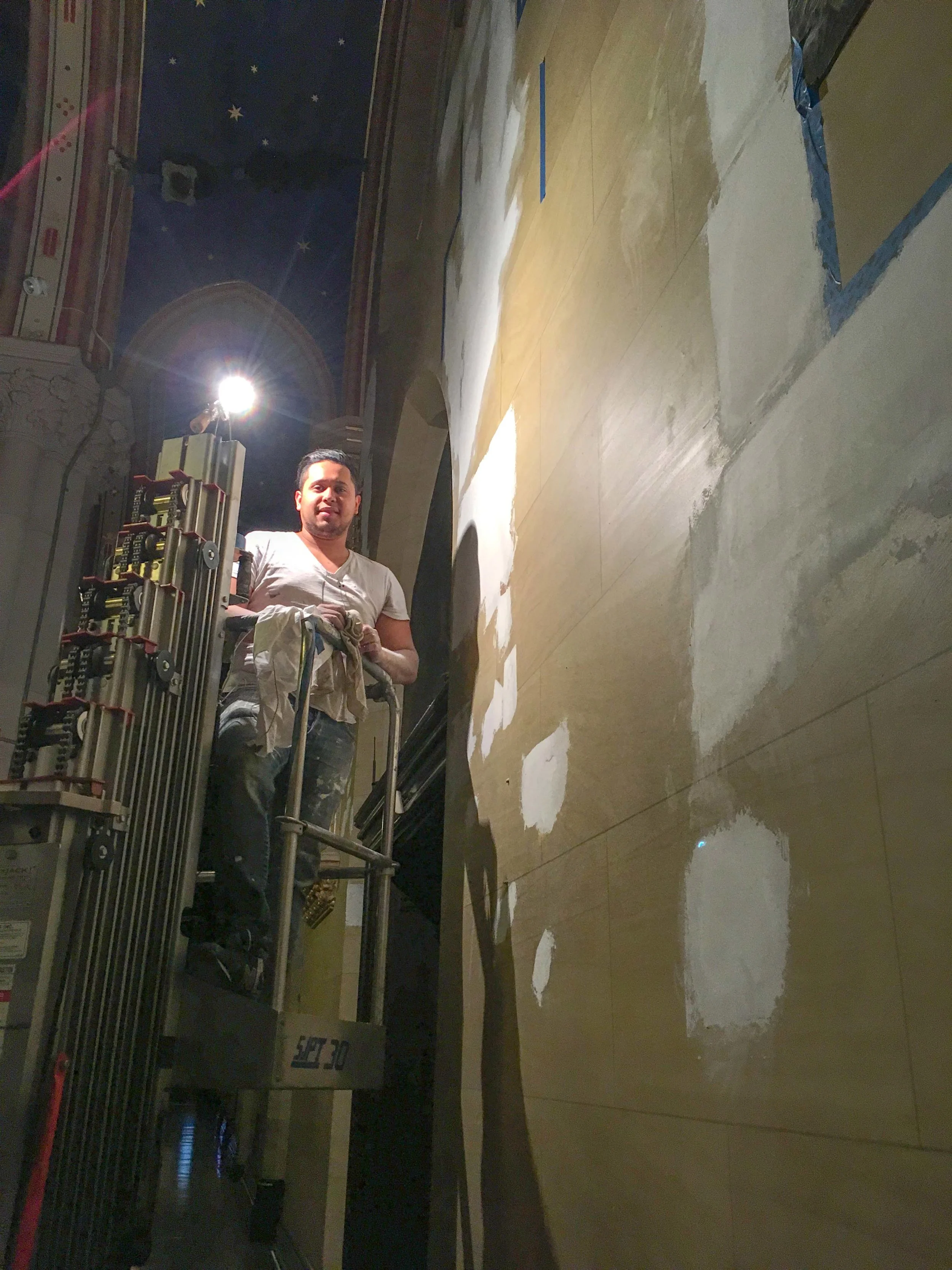 Conservation work continues on the west (liturgical north) wall of the church.