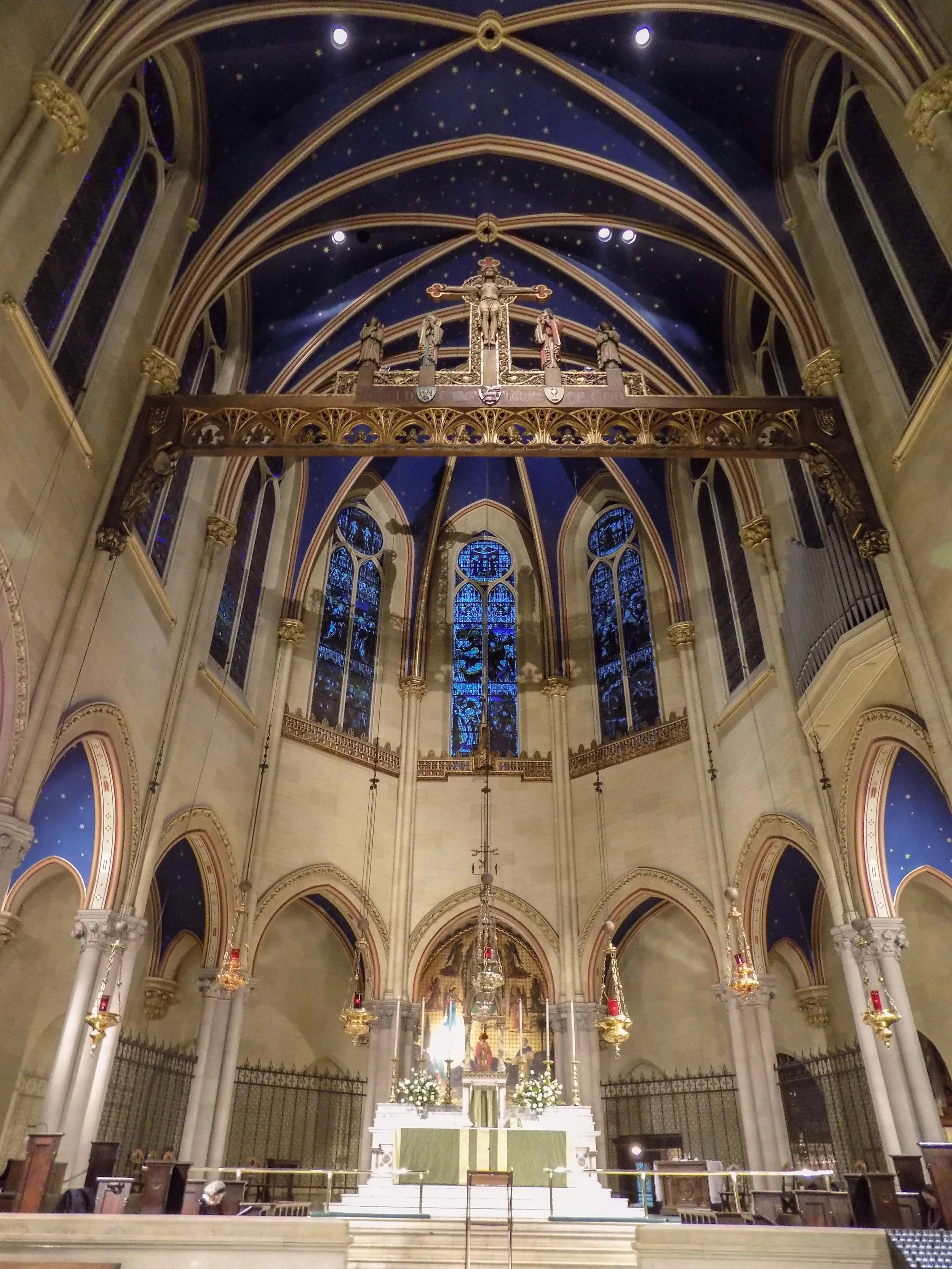 A view of the high altar and rood screen. 