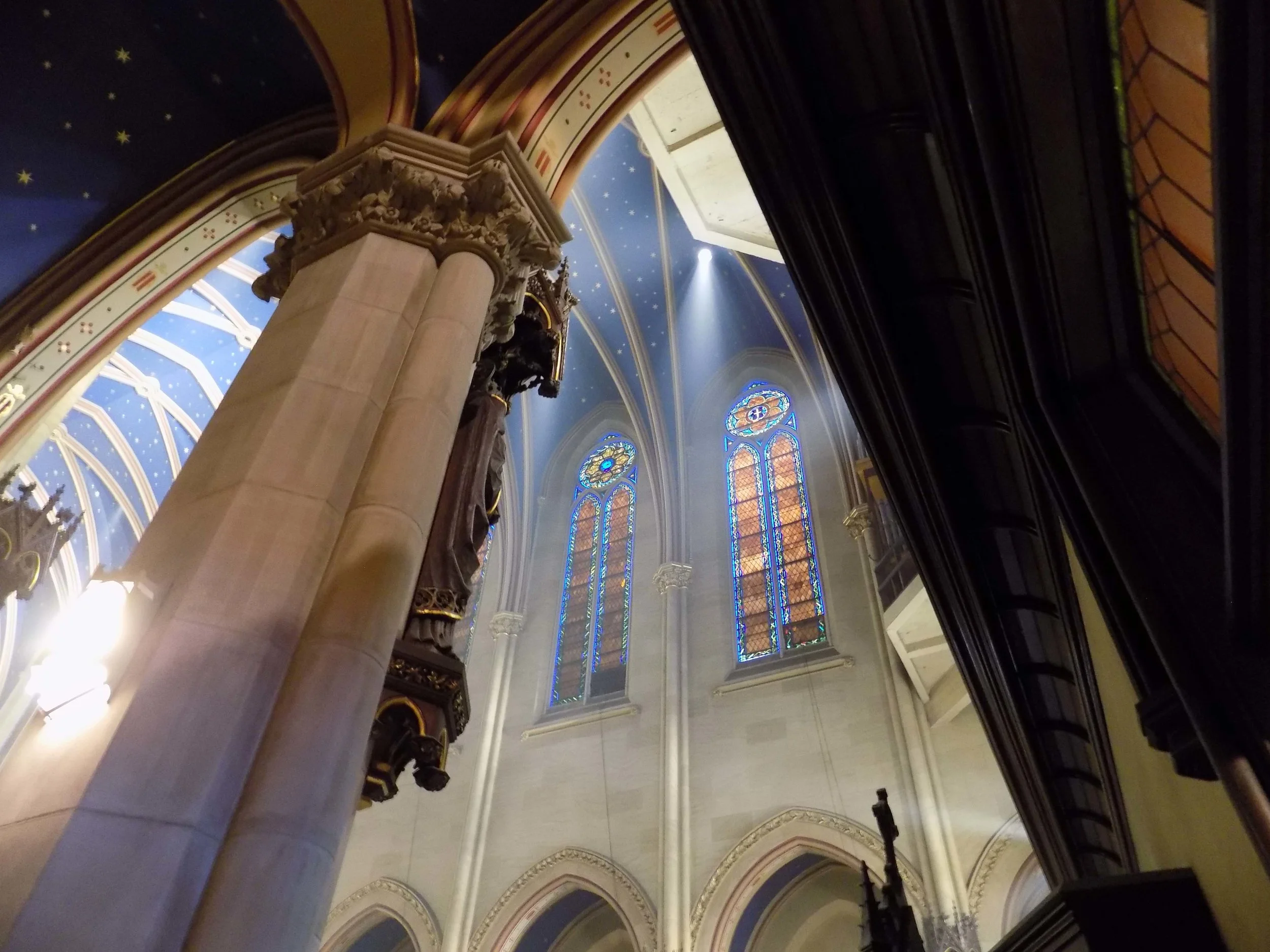 A view of the ceiling as one enters the side aisle from West 46th Street. 