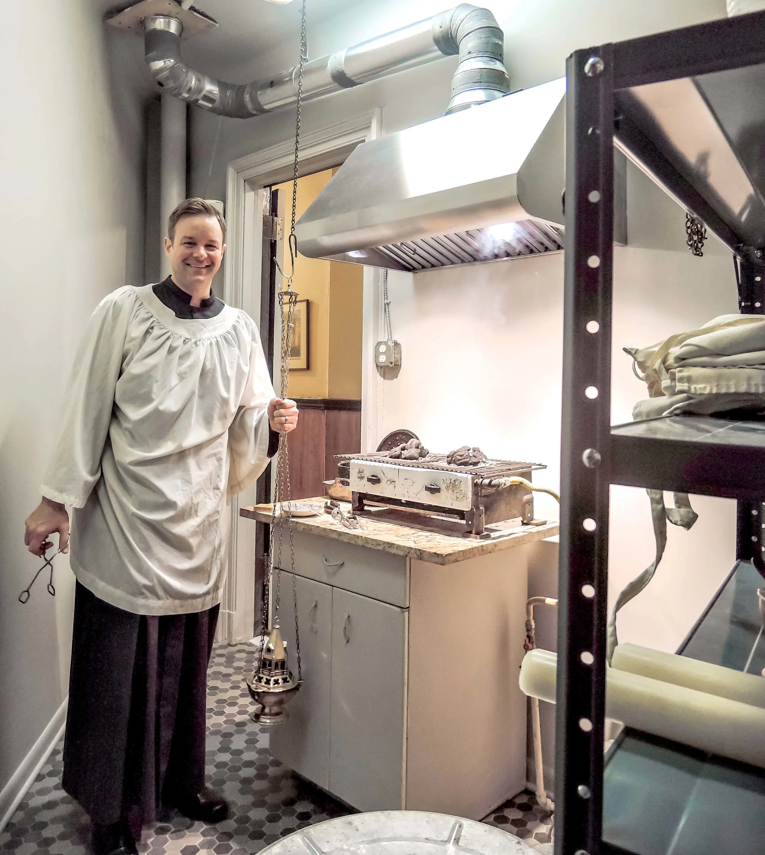 Clark Mitchell, thurifer, in the newly renovated Smoke Room