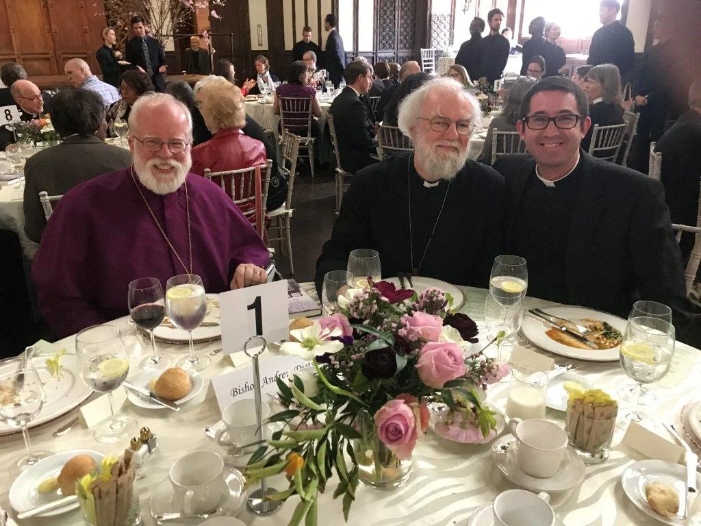 At lunch following the Chrism Mass at the cathedral on Tuesday in Holy Week, Bishop Dietsche, Bishop Rowan Williams, and Deacon Matt Jacobson 