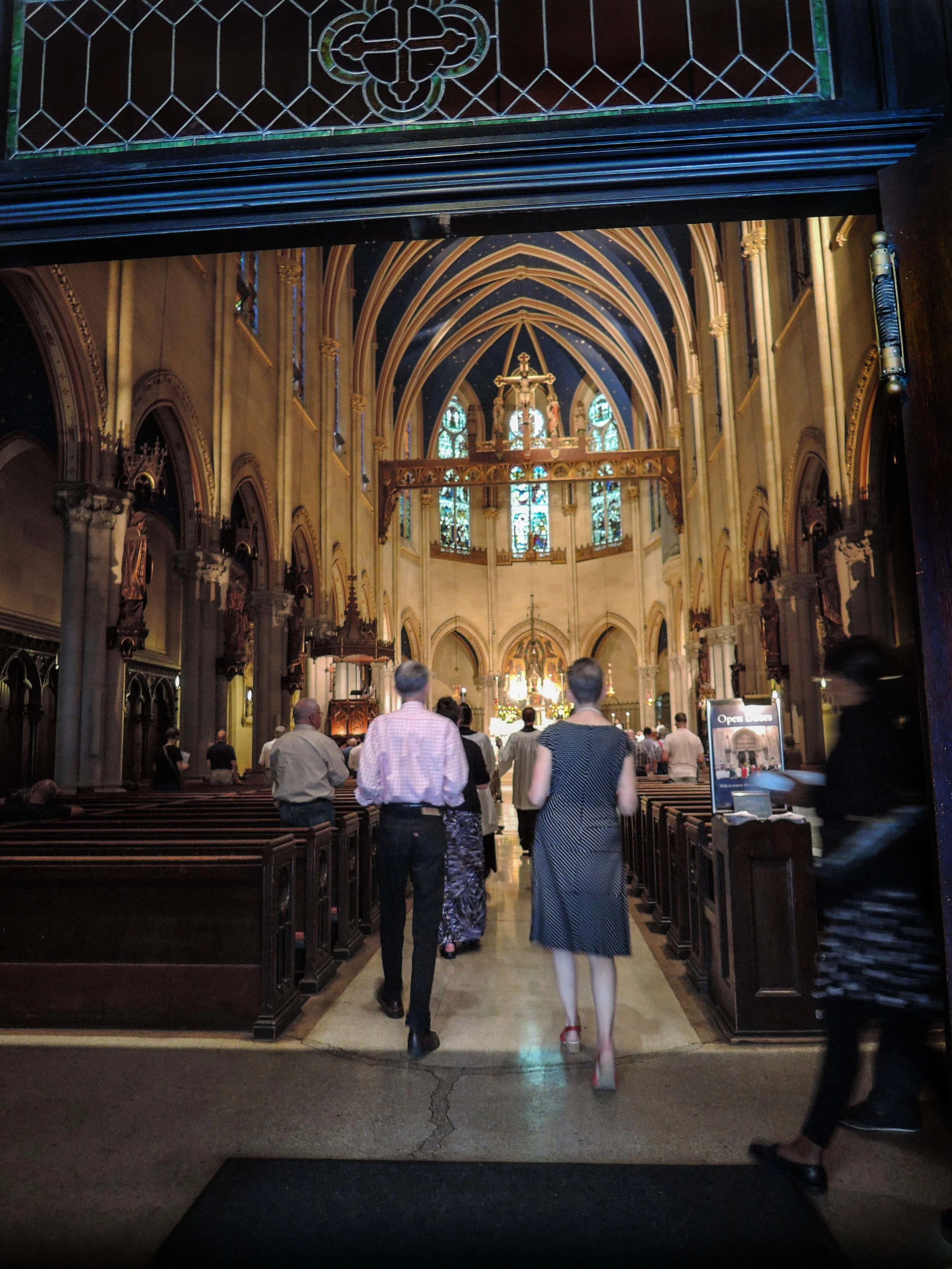 The gifts of bread, wine, and money are collected while antiphon for the preparation is chanted by the choir. Then the congregation stands and sings a hymn while the gifts are presented and incense is offered.