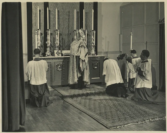 Eucharistic Benediction at Saint Francis Altar (formerly in Saint Joseph's Hall) in 1951 