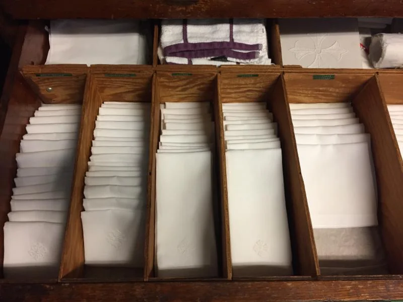 Altar Linens: Purificators, Lavabo Towels, and Corporals (L to R) 