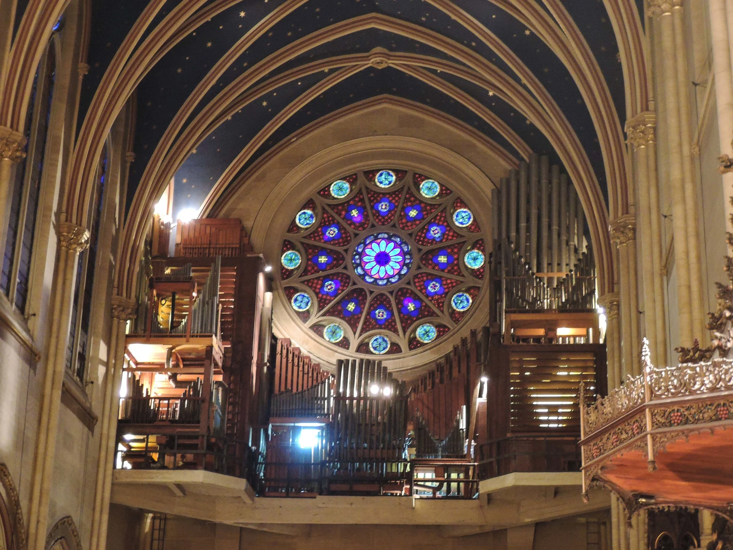 The lights were on while Larry Trupiano tuned the organ on Wednesday, January 31, before the Candlemas recital and services.Photo by Sr. Monica Clare, C.S.J.B.