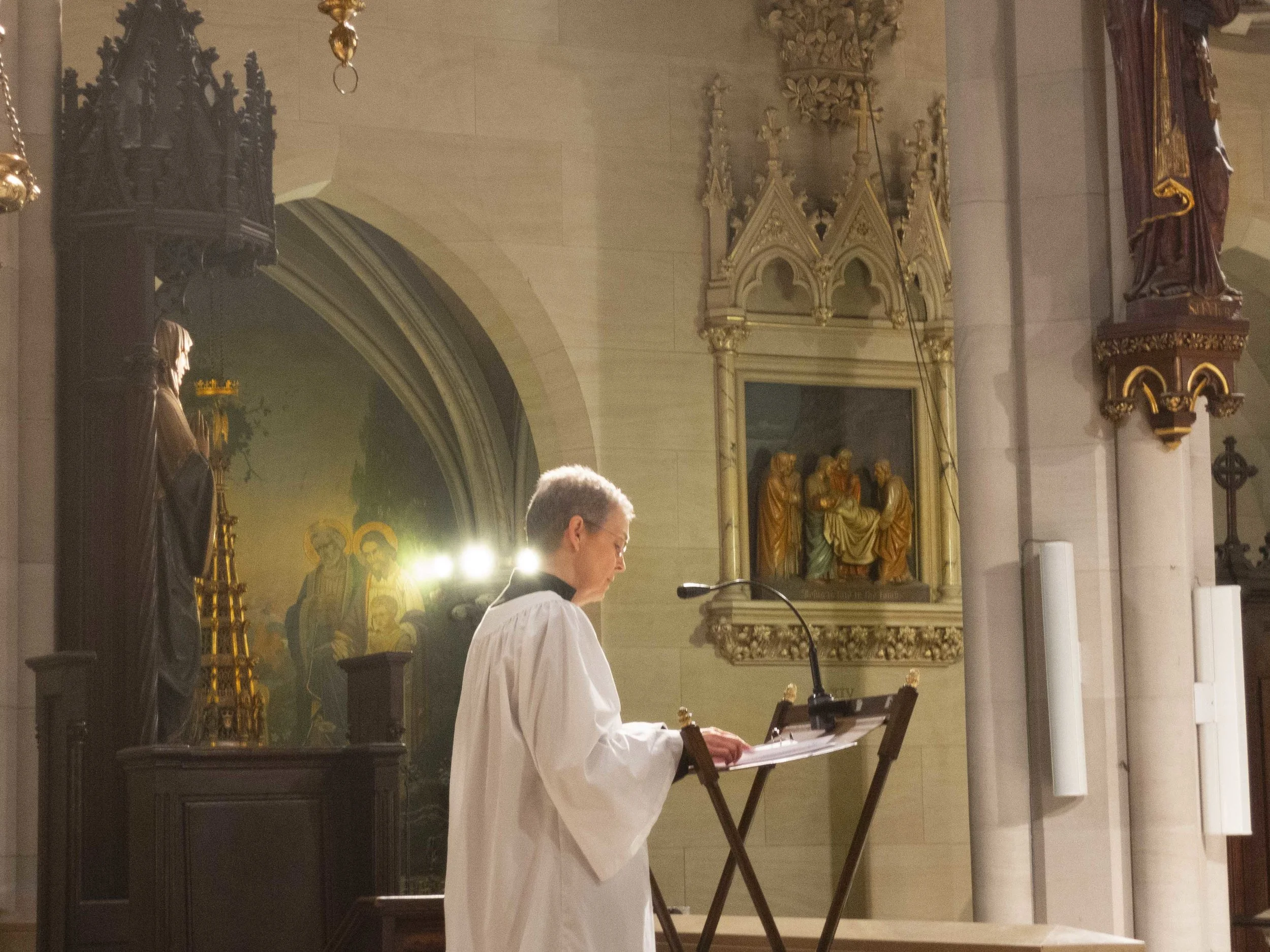 Parishioner MaryJane Boland stepped in at the last minute and read the lessons at the Solemn Mass on Sunday. Photo by Sister Monica Clare, CSJB