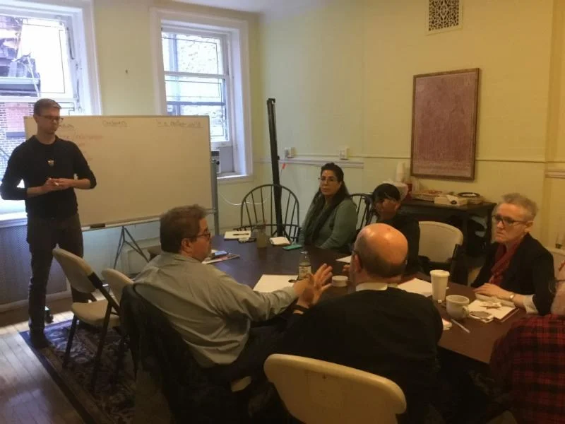 Brother Thomas, SSF, leads a Homeless Ministry Planning Meeting (clockwise from left: Br. Thomas, Judith Adler, Sharon Stewart, Marie Rosseels, Fr. Jay Smith, Chris Portelli, Esq.) Photo: Br. Damien Joseph, SSF