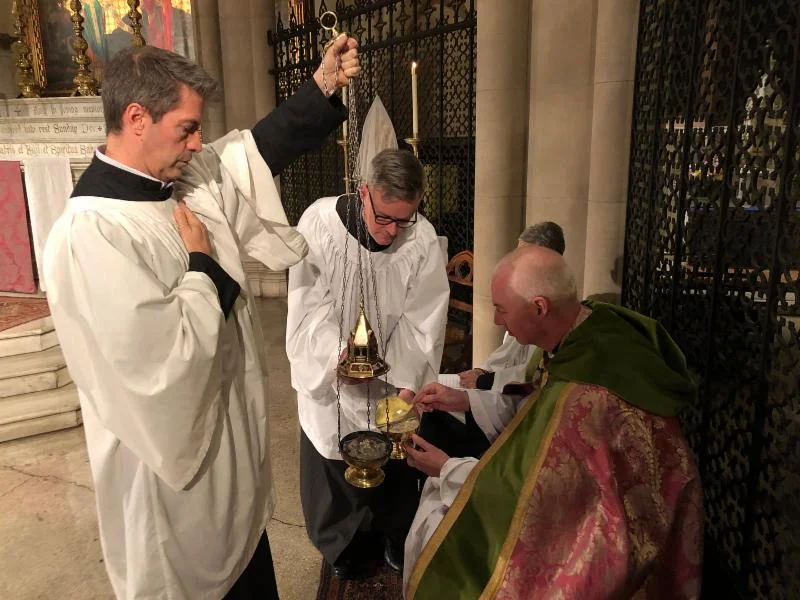 Incense is prepared at Sunday Evensong for censing the altar and the congregation while the Song of Mary is sung. Photo by Brendon Hunter