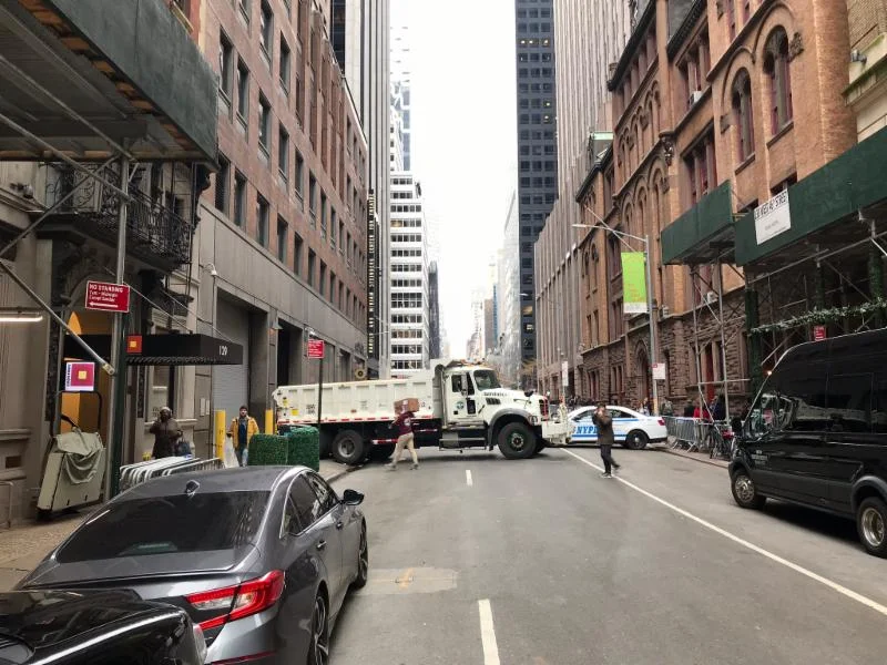 West 46th Street was closed at Sixth Avenue and with a second checkpoint near Seventh Avenue (Times Square). Saint Mary's sidewalk shed is visible on the left side of the photograph. Photo by the Rector