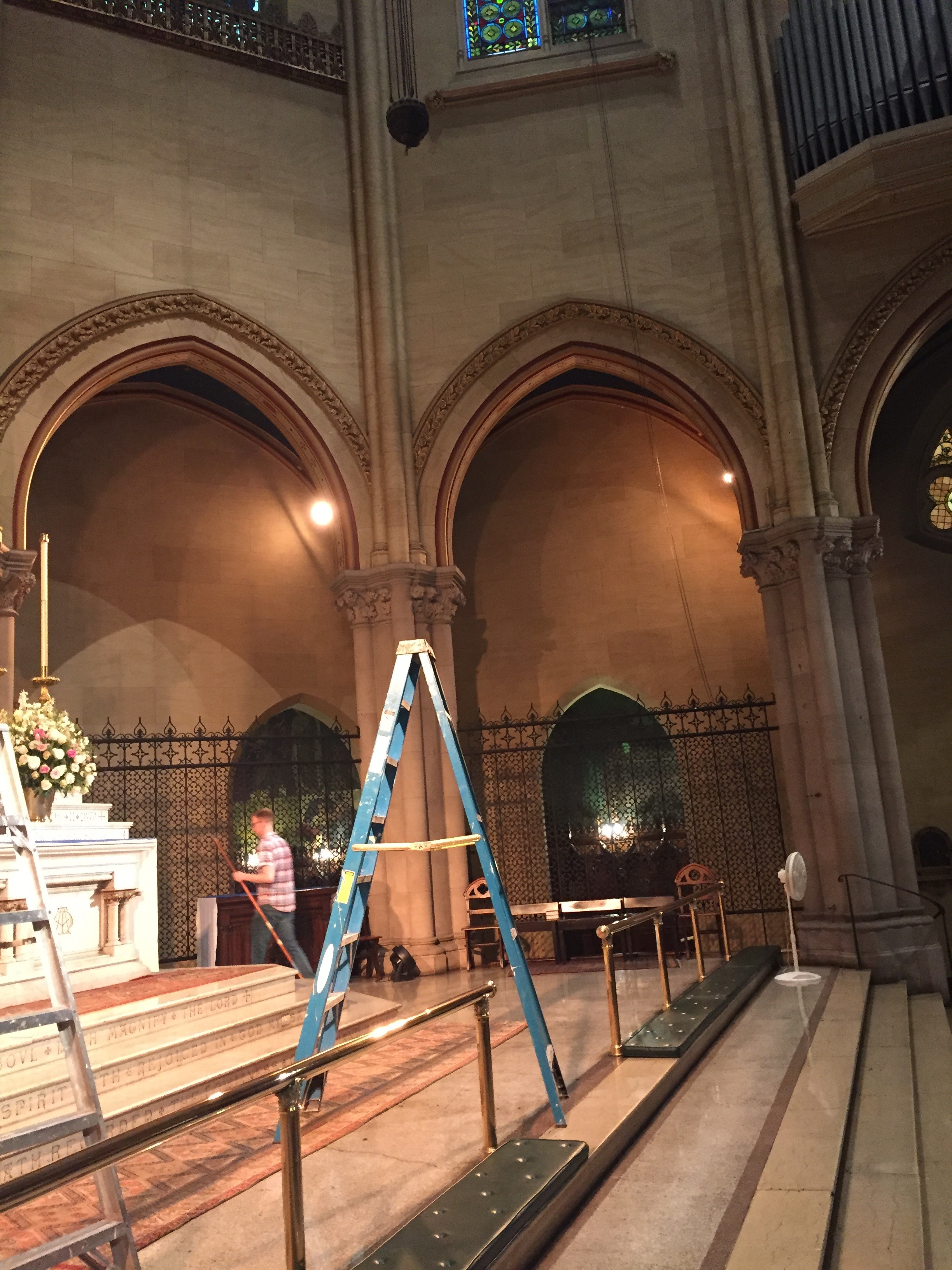 The silver lantern, whose burning candle signifies the presence of the Sacrament, has been taken to Matthew Hanlon Restorations for repairs to links in two of its chains. Photo: Marie Rosseels