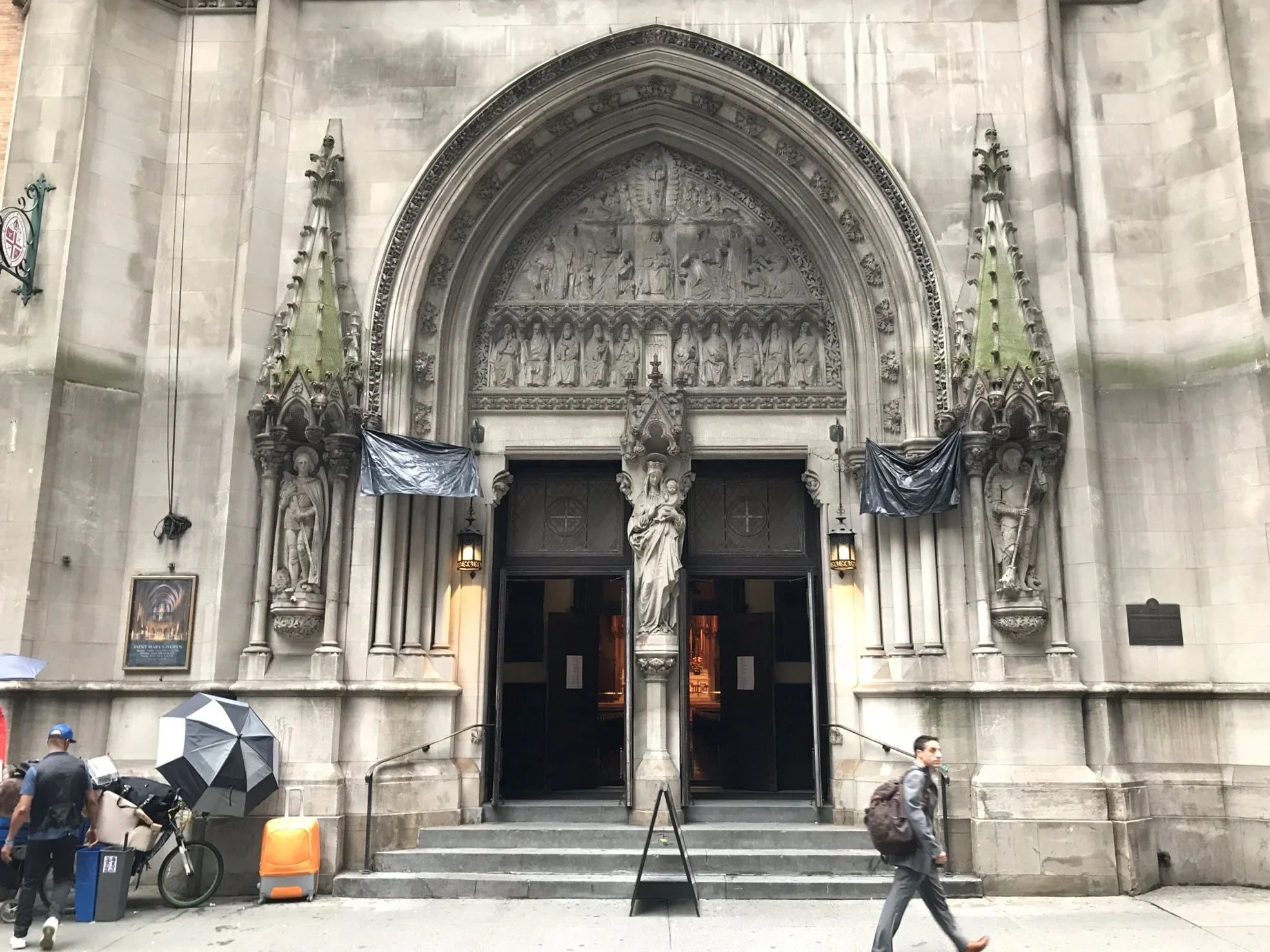 The church facade is visible for the first time in a decade as scaffolding is changed for the beginning of restoration work.