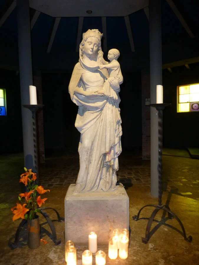 Medieval statue of Our Lady in the crypt of Mount Saviour Monastery, Pine City, NY.