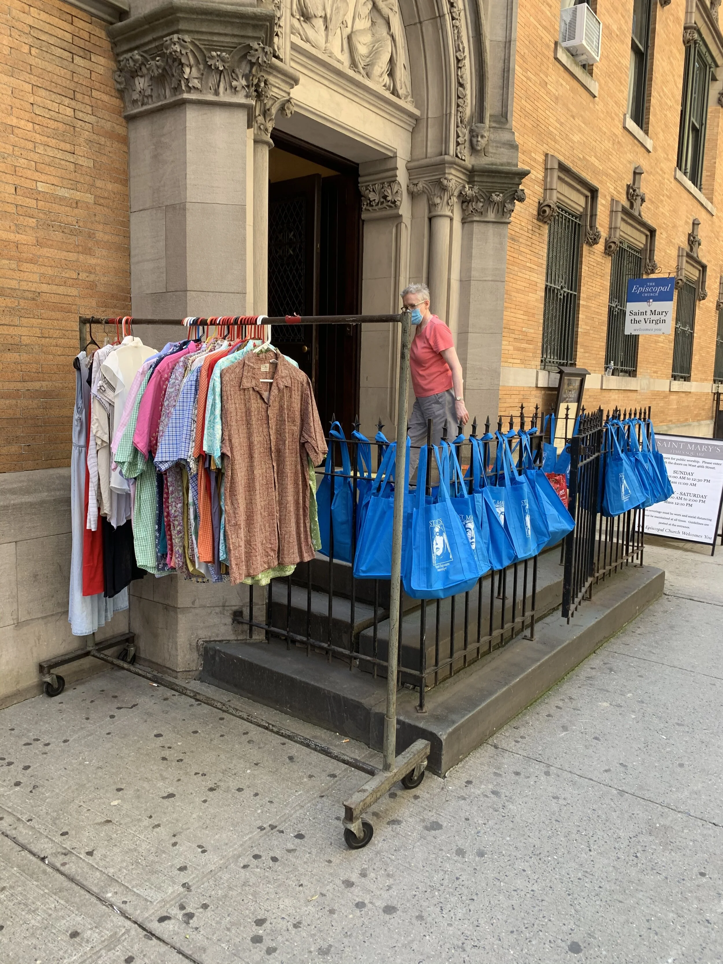 Clothing Ministry: Marie Rosseels, José Vidal, and Brother Damien Joseph organized and managed our first “Drop-By” at the Forty-seventh Street entrance of the church on Wednesday afternoon, August 5. Read more below. Photo: José Vidal