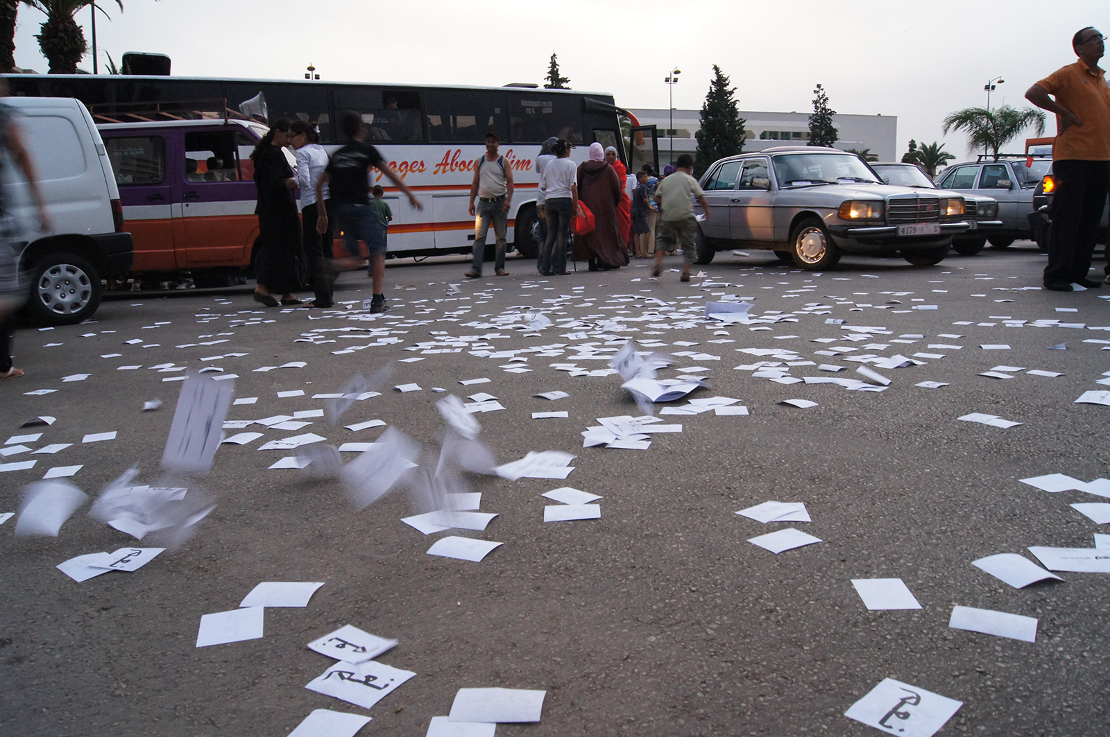 People begin to gather for a pro-constitution rally. Meknes, Morocco - 2011.