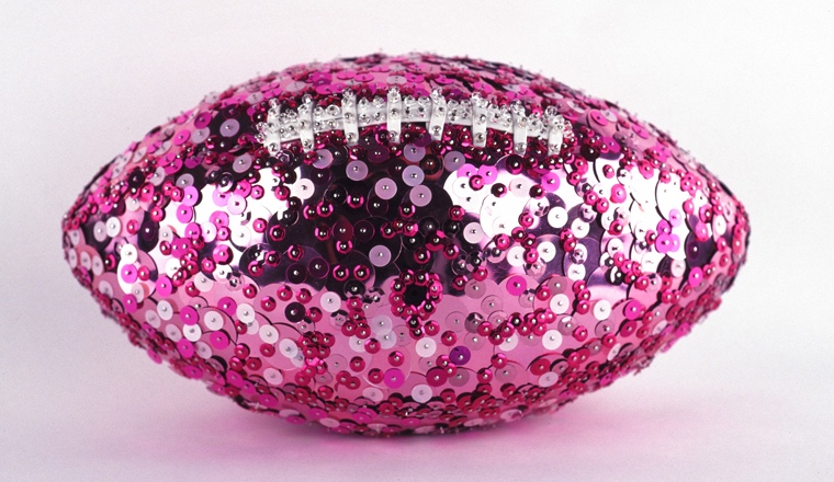 Pink Football , 2004 Sequins, glass beads and straight pins on regulation size NFL football, 6-1/8” x 11” x 6-1/2