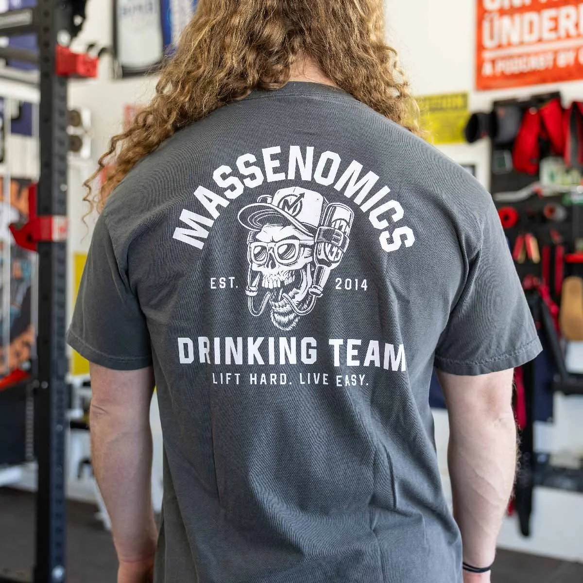drinking team shirt back on model
