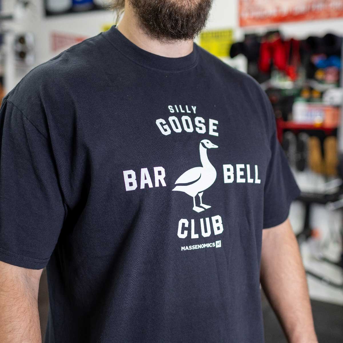 black silly goose barbell club tee imprint detail