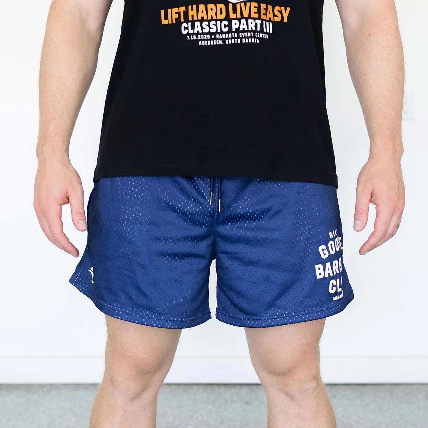 silly goose barbell club shorts model front