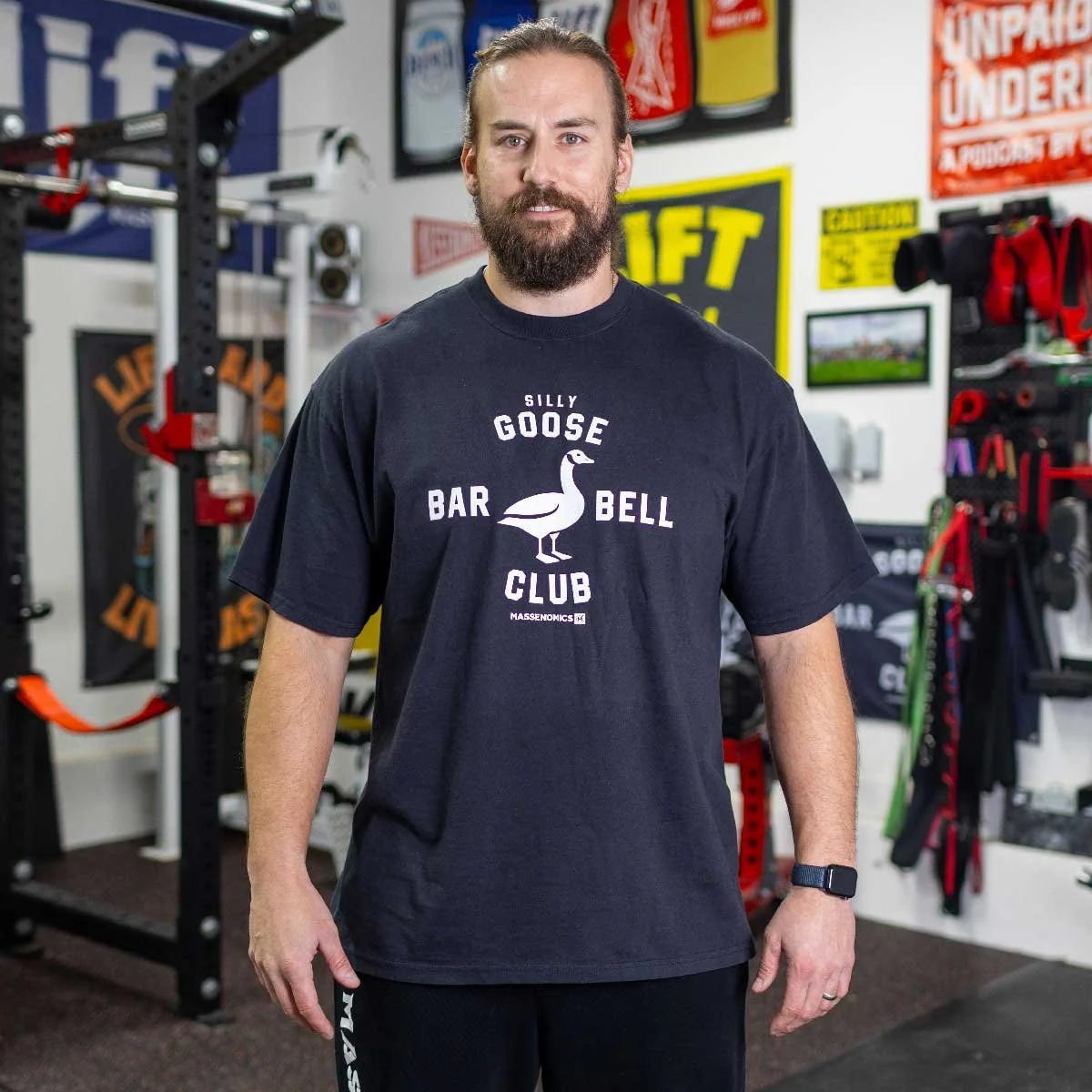 black silly goose barbell club tee on model