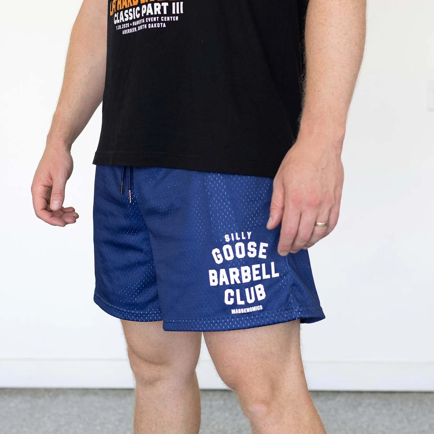 silly goose barbell club shorts on model