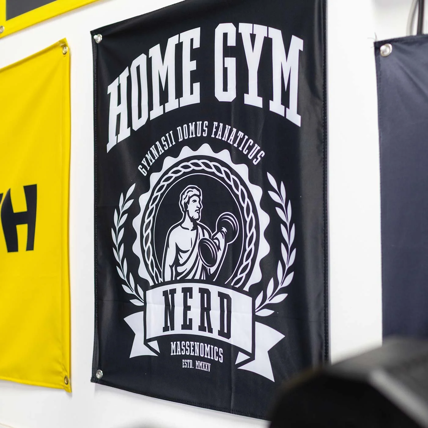 home gym nerd flag hanging on wall
