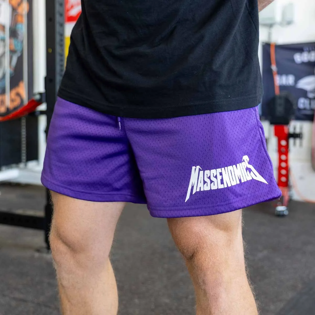 purple shorts on model