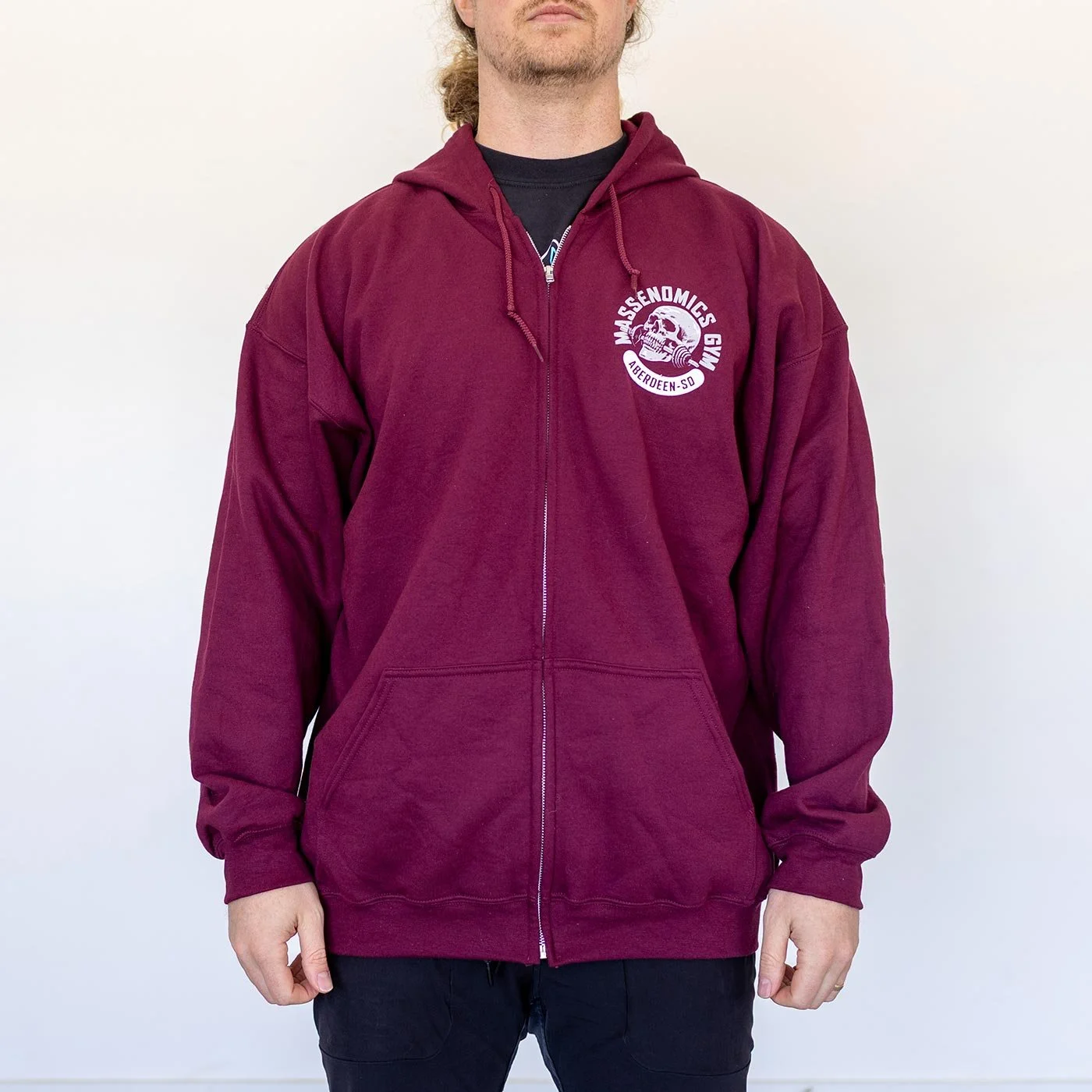 gym skull hoodie model front