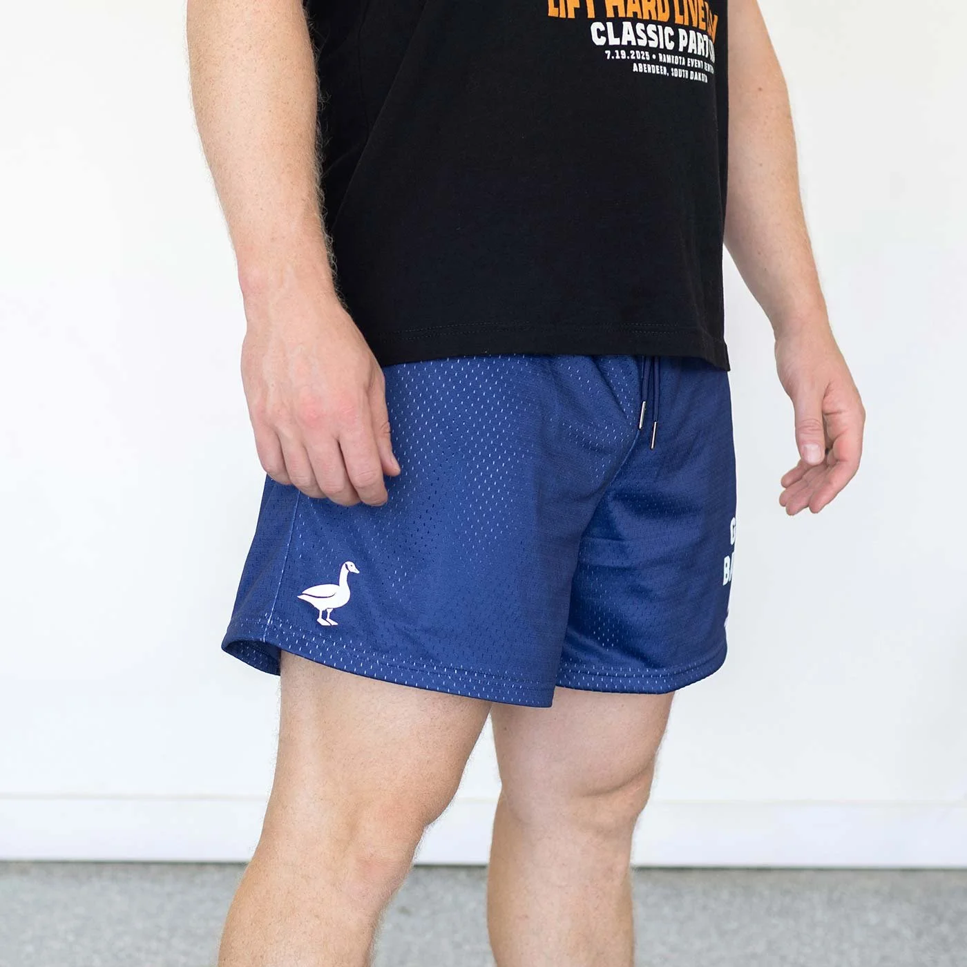 silly goose barbell club shorts model side