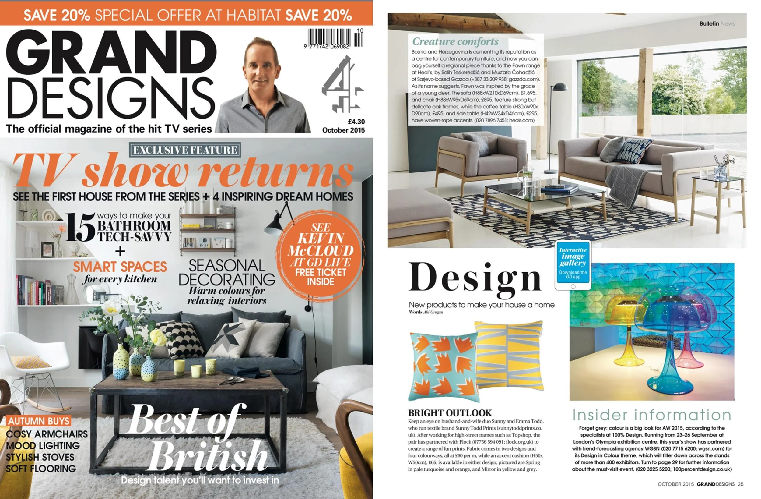 Grand Designs October 2015 Spring in Turquoise and Orange and Mirror in Yellow and Pale Grey cushions featured from our collaboration with Sunny Todd Prints.