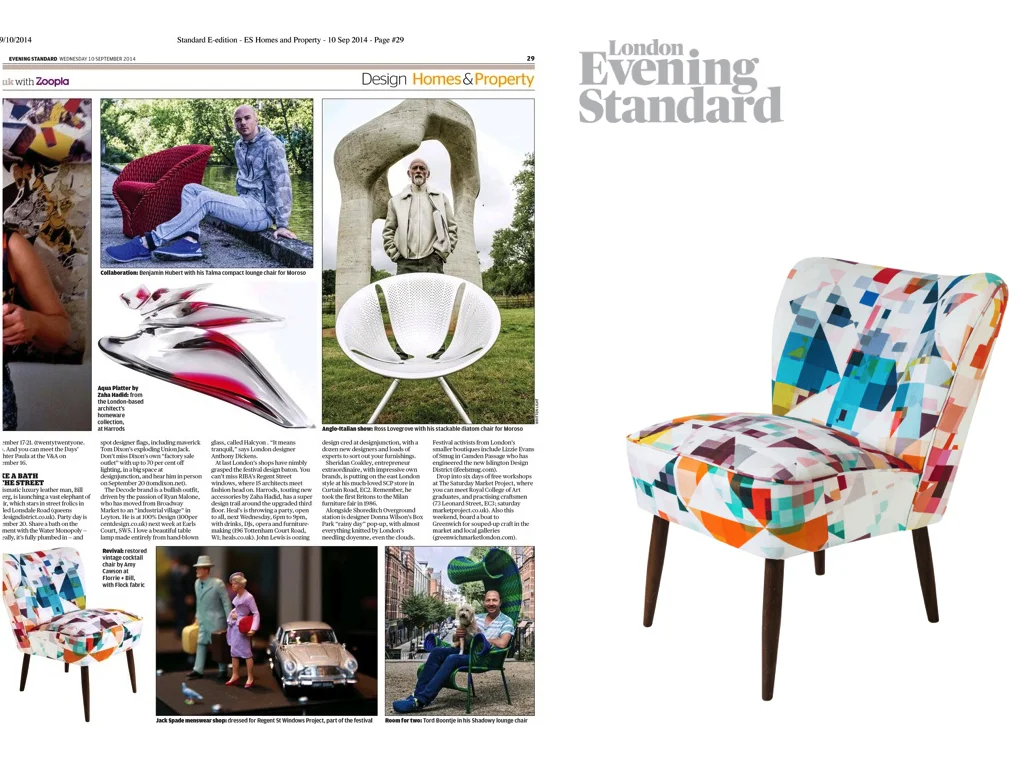   Evening Standard Sept 2014   Northmore Major  Flocktail  chair from our collaboratuon with Florrie&amp;Bill featured here. 