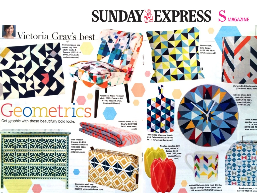 Sunday Express Sept 2014 Northmore Major Flocktail chair featured in Victoria Gray's gorgeous geometric edit for S magazine.