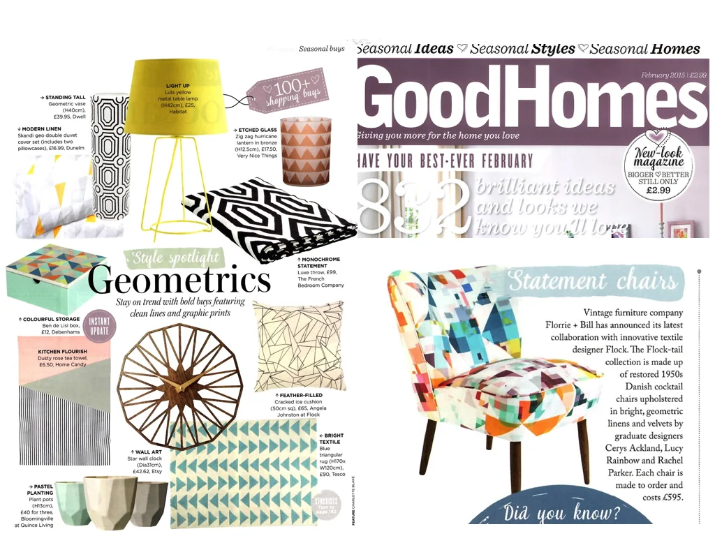 Good Homes Feb 2015 Both our Cracked Ice cushion and Northmore Major Flocktail chair featured in this colour geometric issue of Good Homes magazine.