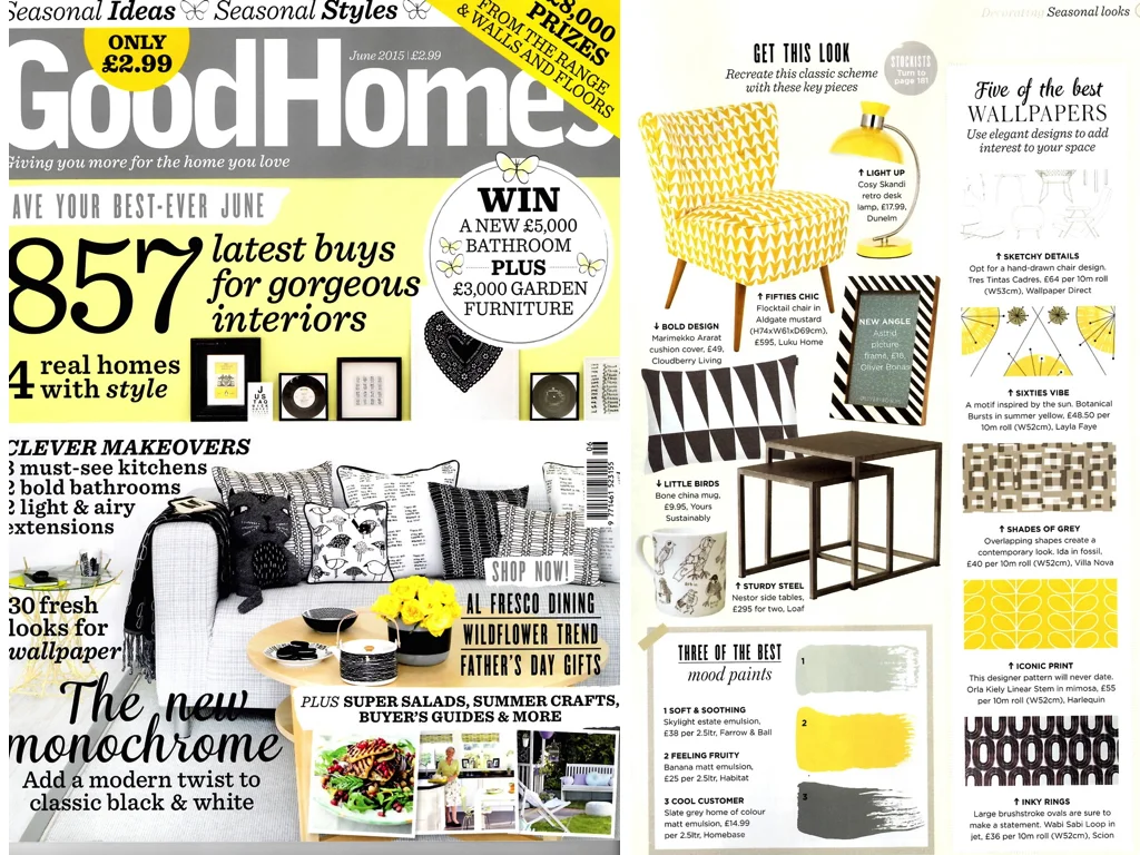 Good Homes June 2015 With a focus on mustard and grey our Flocktail chair in collaboration with Florrie&Bill was selcted for the Get This Look page.