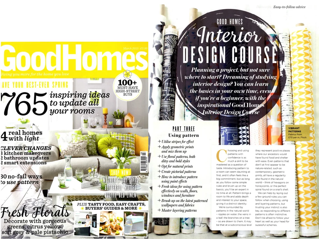 Good Homes March 2015 The whole Flock collection of fabrics makes a fab backdrop in this feature for Good Homes magazine all about using pattern in interior design.