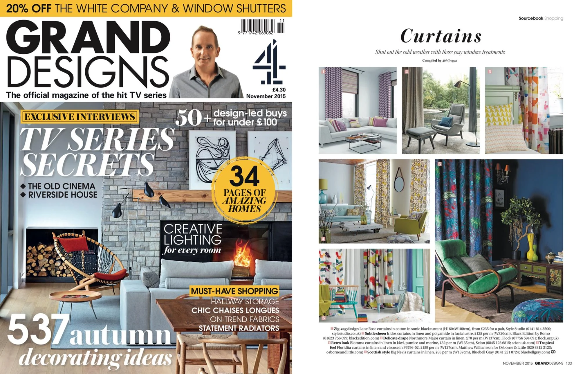 Grand Designs Nov 2015 Northmore Major curtains featured in a page all about window treatments and decorating with large scale patterns.