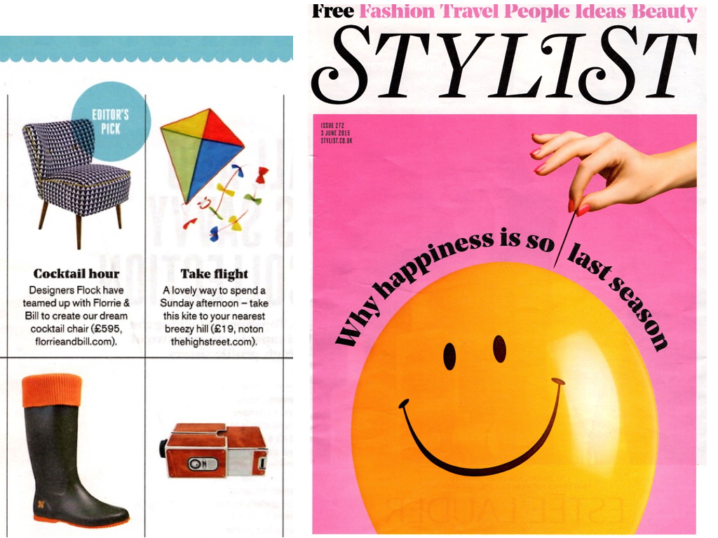 Stylist June 2015 Our Flocktail chair in collaboration with the fantastic vintage furniture restorers Florrie&Bill featured in Stylist's Editor's Choice.