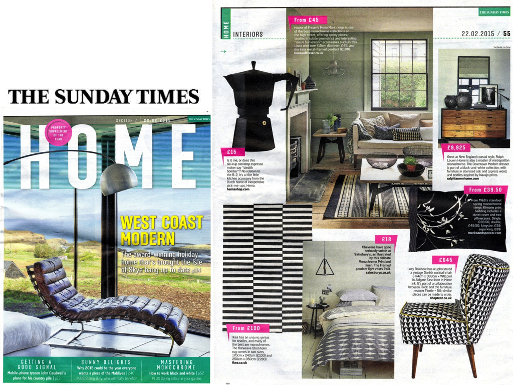 ST Home Feb 2015 Our lovely monochrome Flocktail chair from our collaboration with Florrie&Bill is featured here in Aldgate Ink fabric.