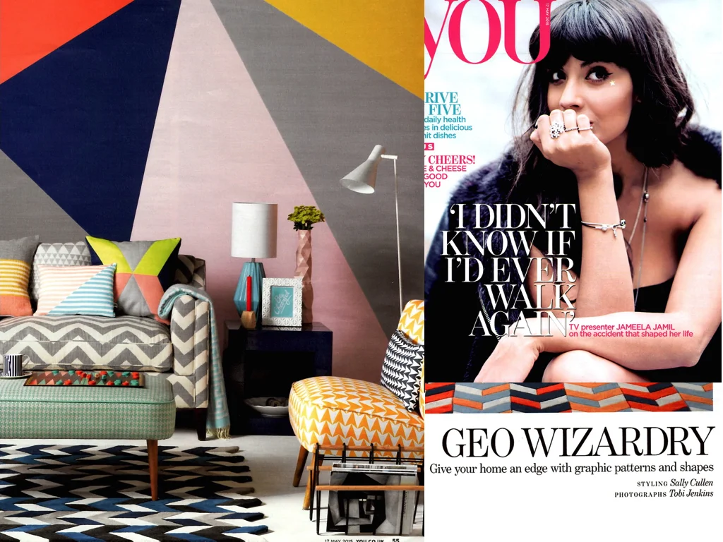 You Magazine May 2015 Aldgate East cushion in Ink featured as well as our Aldgate East mustard Flocktail chair in this gorgeous geometric room set styled by Sally Cullen.