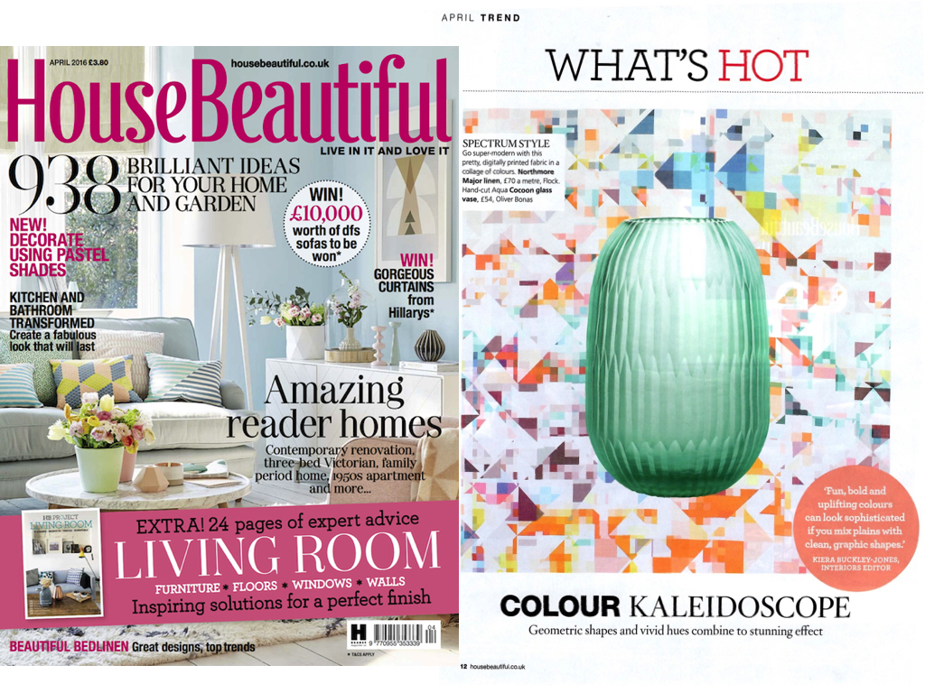 House Beautiful April 2016 Northmore Major fabric featured as the backdrop for this beautiful colour kaleidoscope page.