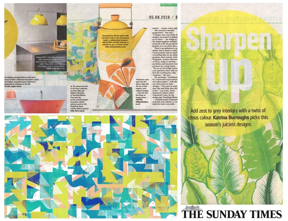The Sunday Times- June 2016 In this lovely summery citrus article by Katrina Burroughs our Grapefruit Coast cushion was selected to highlight a trend for zesty interiors.
