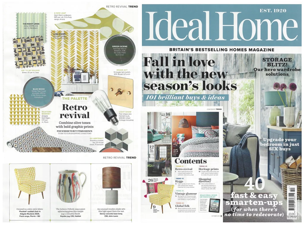 Ideal Home Oct 2016 In a feature all about Retro Revival our Aldgate East fabric in Mustard is highlighted as well as in the form of beautiful little Flocktail chair from our collaboration with the super talented Florrie and Bill.