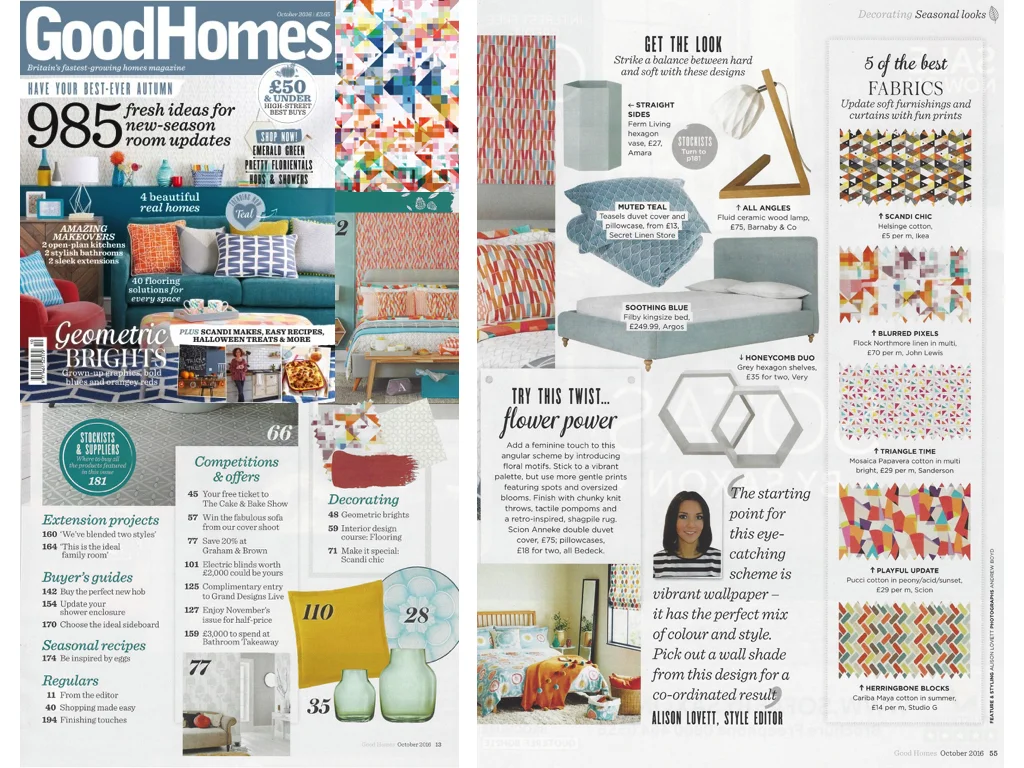 Good Homes Oct 2016 Northmore Minor fabric designed by Rachel Parker featured here as part of write up on decorating with pattern, colour and fabric choices.