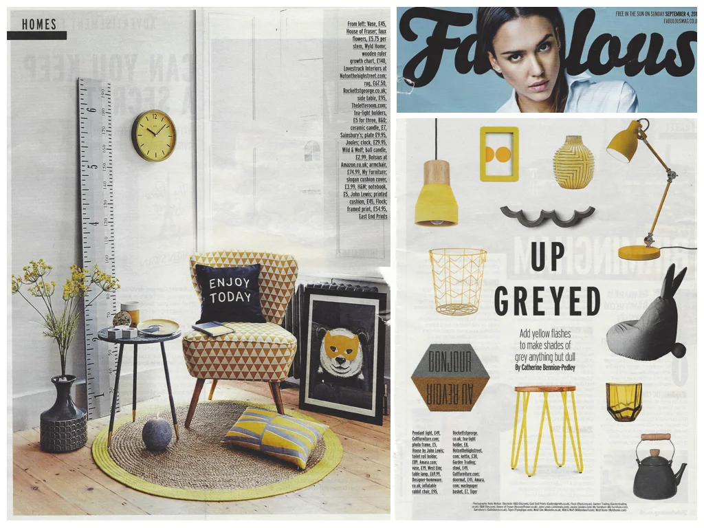 Fabulous Mag Sept 4th 2016 This gorgeous mustard and grey roomset in September's Fabulous magazine features our Mirror cushion in Yellow and Grey from our collaboration with Sunny Todd Prints.