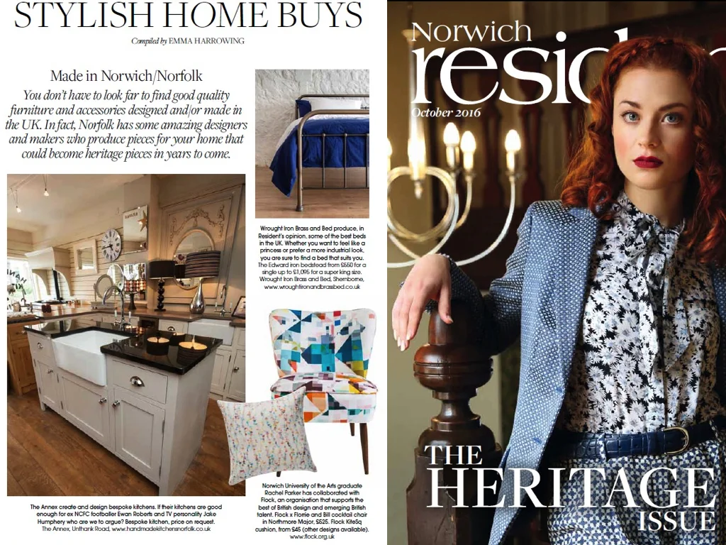 Norwich Resident Magazine Oct 2016 Flock designer Rachel Parker is featured here with her beautiful designs Northmore Major and Kites as a former student of Norwich university of the Arts.