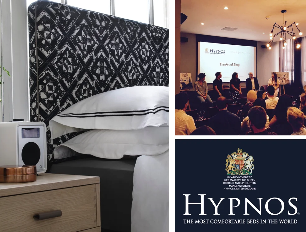 'The Art of Sleep' Amira x Hypnos launch event. Over the last year we have been working in collaboration with Amira Hashish from the Evening Standard and world class traditional bed makers Hypnos to design headboard fabrics for their beautiful signature collection of beds. On Wednesday the 19th July at the Hoxton Hotel we had a fabulous launch party to introduce the bed collection to press and interiors bloggers as well as a panel discussion with all the teams and designers involved all about the 'Art of Sleep'. It is absolutely fantastic to see (lay on) these beds in the flesh and see the whole signature collection come together beautifully!